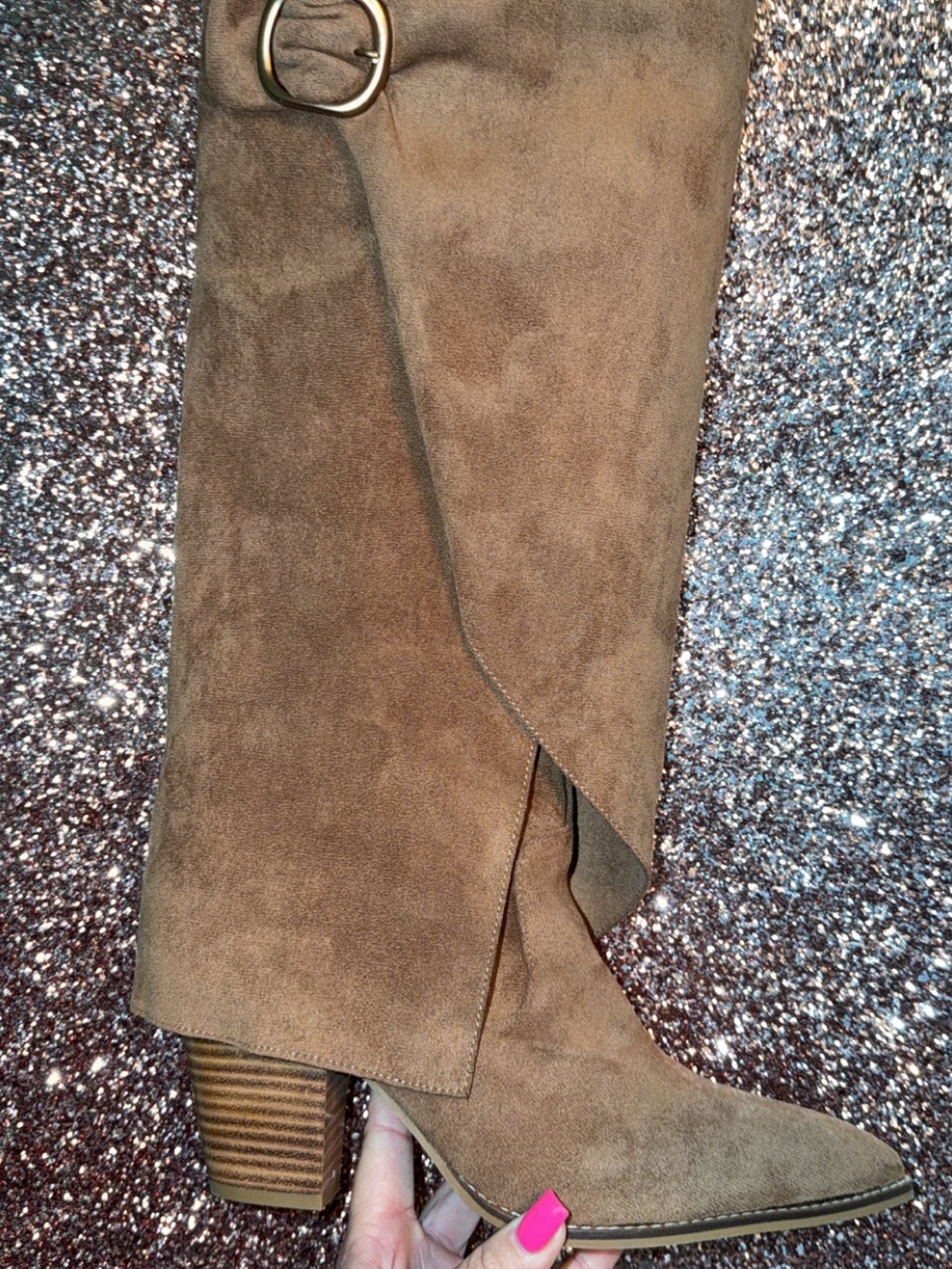 Corkys Taupe Suede Mid-Calf Heeled Boots with Buckle
